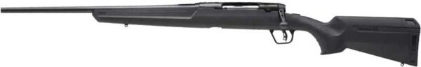 Black hunting rifle with a long barrel and a black synthetic stock, shown in a horizontal profile.