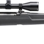 Bolt-action hunting rifle with a mounted scope, long barrel, and black synthetic stock.