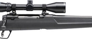 Bolt-action hunting rifle with a mounted scope, long barrel, and black synthetic stock.