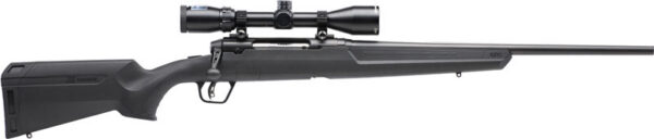 Bolt-action hunting rifle with a mounted scope, long barrel, and black synthetic stock.