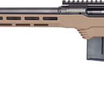 Tan precision rifle with a long barrel, adjustable stock, and a detachable magazine visible below the receiver.