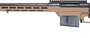 Tan precision rifle with a long barrel, adjustable stock, and a detachable magazine visible below the receiver.