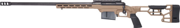 Tan precision rifle with a long barrel, adjustable stock, and a detachable magazine visible below the receiver.