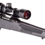 Bolt-action hunting rifle with a mounted scope on a white background.