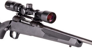 Bolt-action hunting rifle with a mounted scope on a white background.