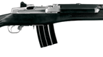 Black semi-automatic rifle shown in side profile with a fixed stock and curved magazine.