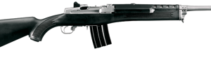 Black semi-automatic rifle shown in side profile with a fixed stock and curved magazine.