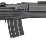 Black assault rifle with adjustable stock, pistol grip, and a detachable magazine.