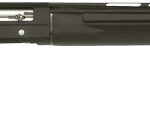 Side view of a black pump-action shotgun with a long barrel and synthetic stock, shown against a white background.