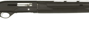 Side view of a black pump-action shotgun with a long barrel and synthetic stock, shown against a white background.