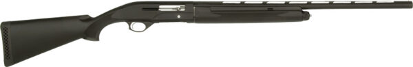 Side view of a black pump-action shotgun with a long barrel and synthetic stock, shown against a white background.