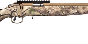 Camouflage-pattern bolt-action hunting rifle with a synthetic stock and long beige barrel with a muzzle brake on a white background
