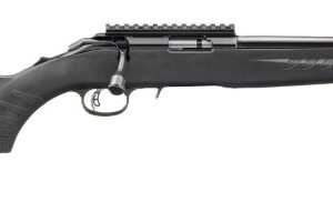 Side view of a black bolt-action rifle with adjustable stock and scope rail on top shelf railing the barrel's length impact.
