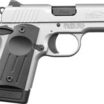 Silver semi-automatic pistol with a black textured grip, shown in profile from the left side.