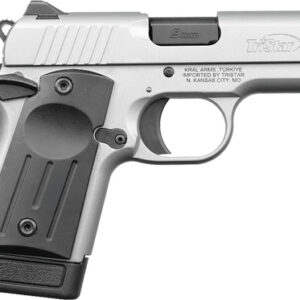 Silver semi-automatic pistol with a black textured grip, shown in profile from the left side.