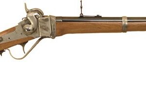Antique long-barrel flintlock rifle with wooden stock and metal fittings
