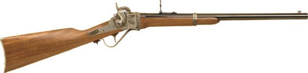 Antique long-barrel flintlock rifle with wooden stock and metal fittings