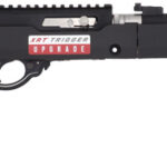 Black long-barrel rifle with a synthetic stock and rail, shown in profile, likely a sporting firearm or airsoft rifle in a ready-to-fire pose