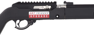 Black long-barrel rifle with a synthetic stock and rail, shown in profile, likely a sporting firearm or airsoft rifle in a ready-to-fire pose