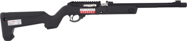 Black long-barrel rifle with a synthetic stock and rail, shown in profile, likely a sporting firearm or airsoft rifle in a ready-to-fire pose