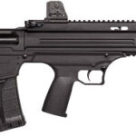 Black tactical rifle shown in side view with curved magazine and Picatinny rail system on the handguard and receiver edge.