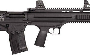 Black tactical rifle shown in side view with curved magazine and Picatinny rail system on the handguard and receiver edge.