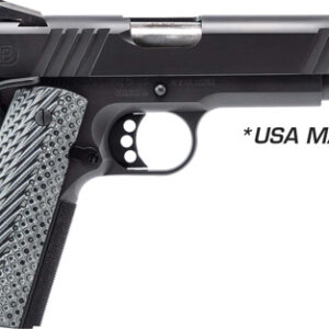 Side view of a black semi-automatic handgun with a patterned silver grip and 'USA MADE' text on the slide