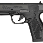 Black compact semi-automatic pistol shown in profile with a textured grip and trigger guard.