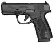 Black compact semi-automatic pistol shown in profile with a textured grip and trigger guard.