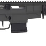 Black tactical semi-automatic rifle with an adjustable stock, long Picatinny rail, and box magazine