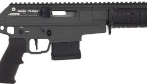 Black tactical semi-automatic rifle with an adjustable stock, long Picatinny rail, and box magazine