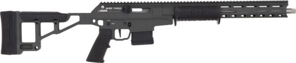 Black tactical semi-automatic rifle with an adjustable stock, long Picatinny rail, and box magazine