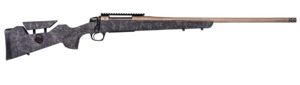 Bolt-action sniper rifle with a camouflaged finish and a long barrel.