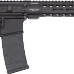 Black semi-automatic rifle with collapsible stock, pistol grip, and 30‑round magazine, shown from side with a long handguard and muzzle device