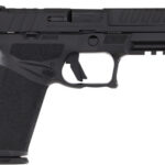 Black semi-automatic pistol shown in profile with a textured grip and accessory rail under the barrel for attachments