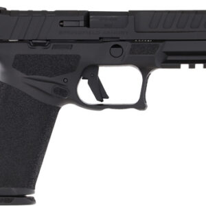 Black semi-automatic pistol shown in profile with a textured grip and accessory rail under the barrel for attachments