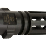 Black rifle muzzle brake with side vent slots shown on a white background.