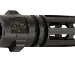 Black rifle muzzle brake with side vent slots shown on a white background.