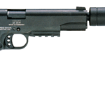 Semi-automatic pistol with a suppressor mounted on the barrel, shown in profile from the left side.