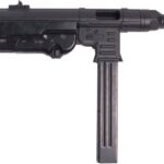 Black assault rifle with a long barrel and a downward-facing magazine