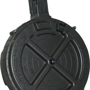 Black round drum magazine for a rifle, showing the feed lips at the top and a large capacity storage design