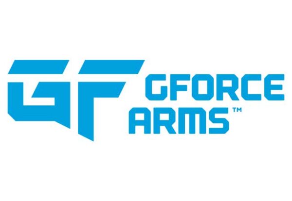Blue GFORCE ARMS logo with stylized lettering, used as the brand mark for GForce Arms