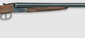 Double-barrel shotgun with a wooden stock and long metal barrels on a light background.