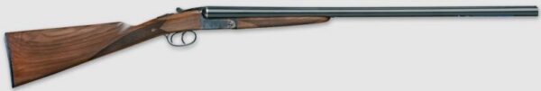 Double-barrel shotgun with a wooden stock and long metal barrels on a light background.