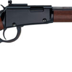 Lever-action rifle with a wooden stock and long barrel shown in profile view, isolated on white.