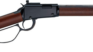 Lever-action rifle with a wooden stock and long barrel shown in profile view, isolated on white.
