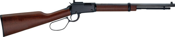 Lever-action rifle with a wooden stock and long barrel shown in profile view, isolated on white.