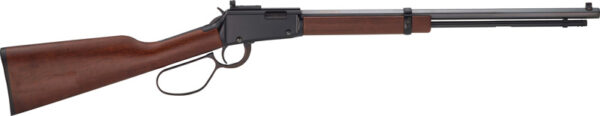 Lever-action rifle with wooden stock and long metal barrel.