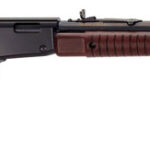 Lever-action rifle with wooden stock photographed from the left side in profile.