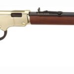 Lever-action rifle with wooden stock and brass-colored receiver, long dark barrel.